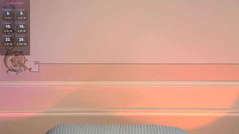 A video of a cozy, well-lit room with a warm orange-pink glow on the walls. A small, black-and-white cat sits on a chair, and a digital clock displays the time.