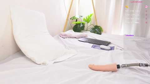 Video of a white bed with a large pillow, a prosthetic arm, a keyboard, and a green plant. The room has a minimalist, modern design with soft, natural lighting.