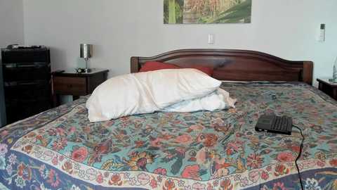 A video of a bedroom with a wooden headboard bed covered in a colorful floral bedspread, two white pillows, a black laptop, and a nightstand with a lamp.
