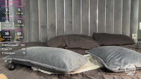 Video of a modern bedroom with a gray headboard, plush gray pillows, and a quilted bedspread. The background displays a digital overlay with a virtual pet, showcasing a virtual pet interface.