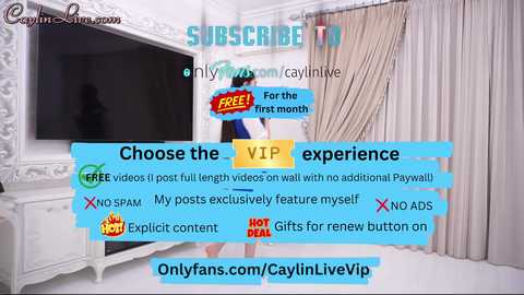 This is a promotional image for a live webcam site, featuring a young Asian woman in a white dress, standing in a luxurious, white room with a TV and curtains.