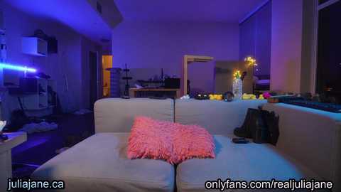 Video of a dimly-lit living room with a white sectional sofa adorned with a pink fuzzy pillow, purple lighting, and a cluttered kitchen area in the background.