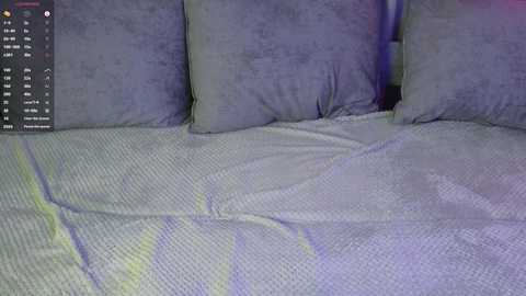 Video of a neatly made bed with a gray, textured blanket and three matching pillows, featuring a dark purple and green geometric pattern.