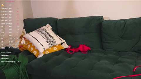 A video showing a dark green, tufted sofa with a white pillow and a red bra discarded on it. The background features a white wall and a calendar with dates and events.