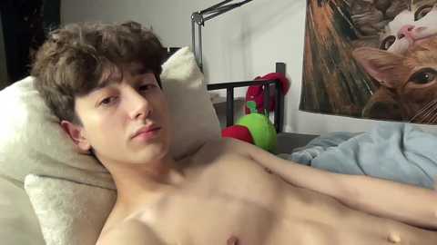 Video of a young, shirtless, light-skinned male with curly hair lying on a bed with a colorful stuffed animal and a poster featuring a cat.