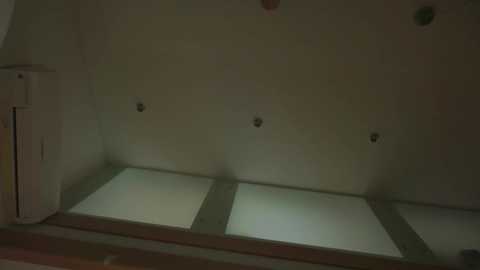 Video of a dimly lit, unfinished attic space with a sloped ceiling. The room features a single large window at the top, surrounded by bare wooden beams. The walls and floor are unfinished, with exposed insulation.
