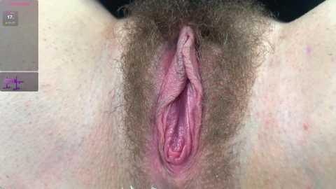 Video of a close-up view of a vulva, showing detailed texture and color variations, with surrounding pubic hair.