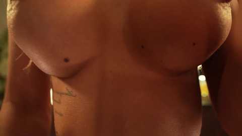 Close-up video of a topless woman with medium-sized, natural breasts, fair skin, and a tattoo on her left side, taken indoors under warm lighting.