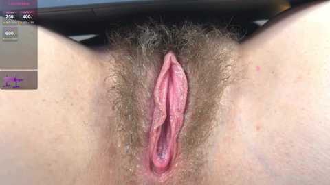 Video of a close-up of a Caucasian woman's vulva with pubic hair, labia minora and labia majora visible, and a digital interface displaying temperature data in the top left corner.