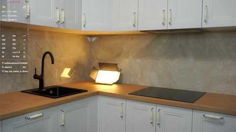 Video of a modern kitchen with white cabinets, light wood countertops, a black sink, a sleek black faucet, a built-in light above the sink, and a black induction stove.