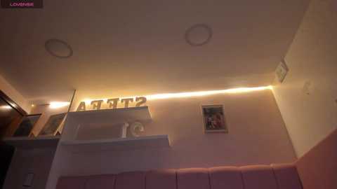 Video of a cozy, dimly lit room with white walls and a small, elevated platform with a wooden shelf. Two circular ceiling lights and a framed picture on the wall add to the ambiance.