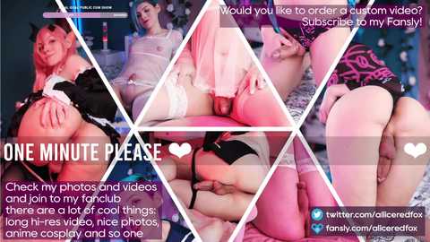 Video collage featuring four explicit scenes of cosplaying women in maid outfits, engaging in intimate acts. Text overlays with hashtags and social media handles.