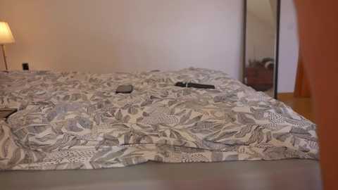 Video of a minimalist bedroom with a neatly made bed featuring a geometric-patterned quilt in shades of gray, white, and black. A smartphone and a remote control lie on the bed. A tall lamp and a mirror are visible in the background.