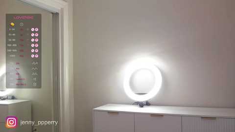 Video of a minimalist bathroom featuring a white vanity with a round, bright LED mirror light, a door to the left, and a \"LOVING\" sign with a pink heart and icons.
