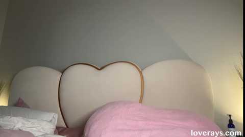 Video of a minimalist bedroom with a large, heart-shaped headboard, soft pink bedding, a blue bottle on the nightstand, and a cozy, warm ambiance.