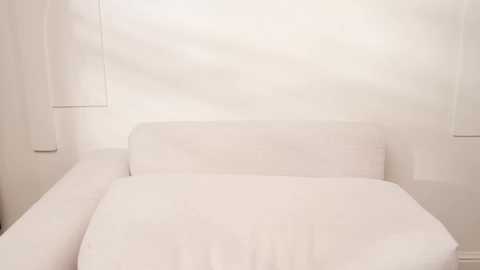 Media: A video of a minimalist bedroom featuring a white, soft-textured bedspread with two pillows, set against a plain white wall with a window on the left. The room has a serene, clean aesthetic.