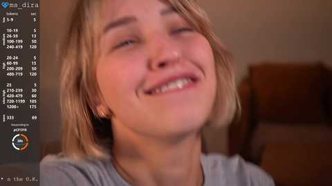 A close-up video of a smiling, young, light-skinned woman with short, blonde hair, wearing a light grey shirt. Background shows a blurry, brown sofa.