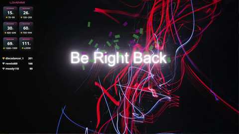 A dynamic, colorful digital image featuring a chaotic mass of red, blue, and green lines against a dark background, with the text \"Be Right Back\" prominently displayed.
