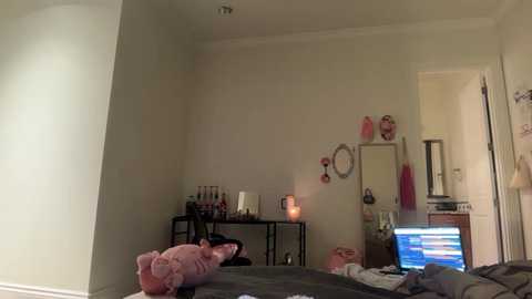 Video of a cozy, cluttered bedroom with a small TV on a dresser, a pink teddy bear, and various personal items on a desk.