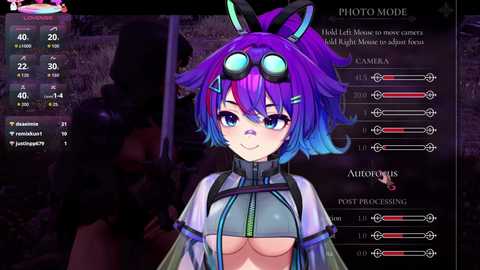 A vibrant, anime-style digital artwork featuring a purple-haired, blue-eyed girl with a high ponytail, wearing futuristic goggles and a revealing, white, zipped-up top. The background includes game interface elements and a blurred figure.