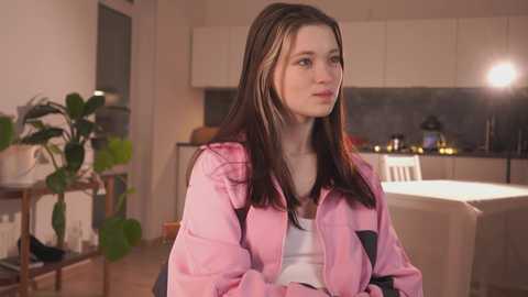 Video of a young Caucasian woman with long, straight brown hair and fair skin, wearing a pink jacket over a white shirt, standing in a modern, warmly lit kitchen.