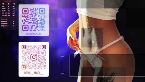 Video of a woman's bare midriff and lower back, wearing a white crop top, showcasing a Deva Nails QR code and logo. Background features a blurred, dark setting with purple and blue hues.