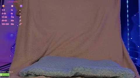 A video of a cozy bedroom scene with a plush, light brown blanket covering a bed, a soft blue cushion on the floor, and dim blue fairy lights in the background.