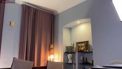 Media: Video of a modern, cozy living room with light blue walls, a tall, maroon curtain, a small table lamp, bookshelves, and a white archway.