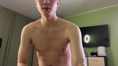 Video of a young, shirtless, light-skinned, muscular man with short hair standing indoors in a room with green walls, a flat-screen TV, and a white air purifier.