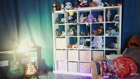 A video of a colorful, cluttered room with a white shelving unit filled with plush toys and figurines, an electric guitar, and a stuffed animal.