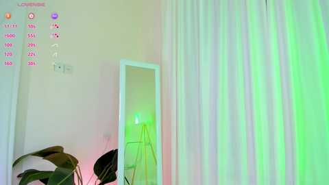 Video of a minimalist bedroom with a white curtain, green and white lighting, a potted plant, and a small, white-framed mirror reflecting the room's soft, ambient glow.