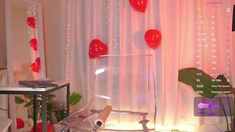 Media: Video of a cozy room with a clear acrylic chair, red balloons, white curtains, and a TV screen displaying a calendar and weather forecast.