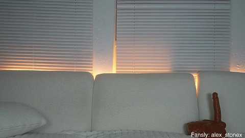 Media: Video of a minimalist living room with a white sofa against white blinds. A warm light glows from behind the blinds, casting a soft glow on the sofa. A brown ceramic mug sits on the sofa.