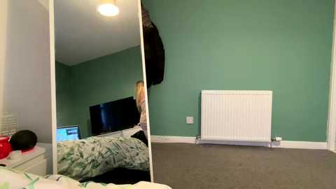 Media: Video of a small, sparse bedroom with a green-painted wall, a white radiator, a flat-screen TV, and a bed with a green and white patterned duvet.