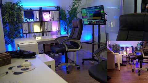 Media: Video of a modern office with a sleek, white desk, black ergonomic chair, and multiple computer monitors. Blue and purple ambient lighting, potted plants, and a \"Dream\" neon sign on the wall create a vibrant, creative workspace.