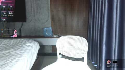 Video of a modern bedroom with a white wicker chair, grey bed, wooden wall paneling, and a flat-screen TV displaying a pink cat.