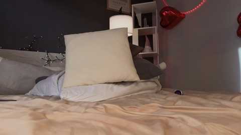 Video of a messy bedroom with a white pillow on a beige bed, gray pillows, a red heart-shaped lamp, and a white shelf with books.