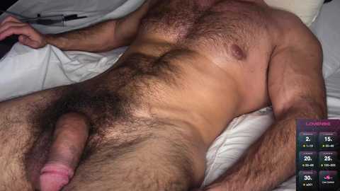Video of a naked, muscular, hairy man lying on a bed, with his flaccid penis partially visible. The background includes white bedding and a \"Longevity\" stats screen on the right.