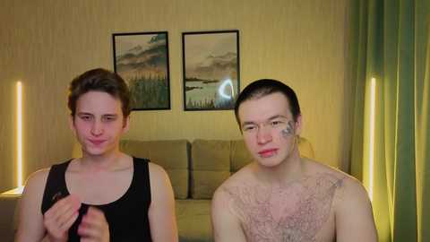 Video of two young, fair-skinned men with light brown hair, one wearing a black tank top, the other shirtless, standing in front of a beige couch with framed landscape art, green curtains, and bright lighting.