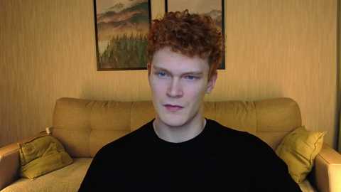 Video of a young man with curly red hair, pale skin, and blue eyes, wearing a black shirt, sitting on a mustard-yellow couch in a room with light beige wallpaper and two landscape paintings.
