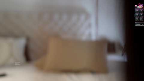 Media: Blurry video of a bedroom with a beige headboard, white bedspread, and a dark TV screen showing a text message.