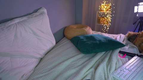 Video of a cozy bedroom with a white bed, green pillow, straw hat, and a laptop on the bed. A golden fairy light string decorates the wall, creating a warm ambiance.