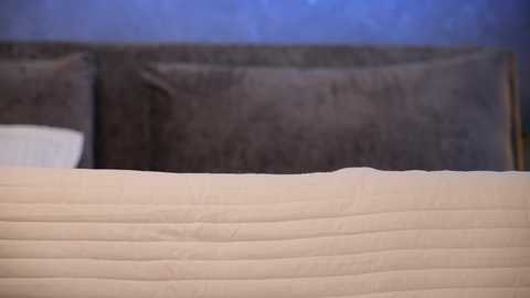 Video of a bed with a beige comforter and dark gray headboard against a blue wall, showcasing a cozy, minimalist bedroom setting.