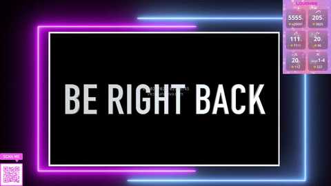 Video of a black banner with white text \"BE RIGHT BACK\" on a neon-lit, multicolored background featuring pink, blue, and purple lines.
