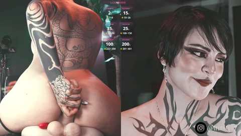 A video and video overlay of a tattooed, pale-skinned, androgynous person with short black hair, wearing dark lipstick, and adorned with tribal and geometric tattoos.