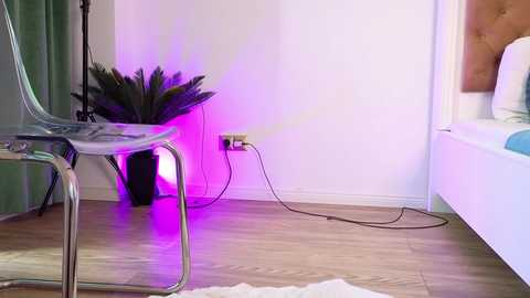 Video of a modern, minimalist bedroom with a clear chair, green curtains, white walls, a lush green plant, a purple-lit electrical outlet, and a white bathtub.