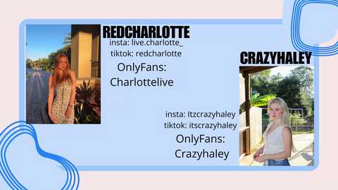 Video of a blue banner with text and images of two women: Redchardotte and Charlotte, featuring their Instagram and OnlyFans links.