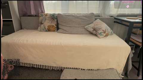 Media: A video of a cozy, light-filled RV interior featuring a beige couch with a floral pillow, a cream blanket, and sheer white curtains.