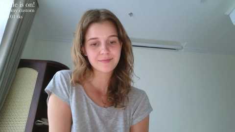 Video of a young Caucasian woman with long, wavy brown hair, fair skin, and a light gray T-shirt. She stands indoors near a window, with a modern room featuring a light-colored ceiling and an air conditioner.