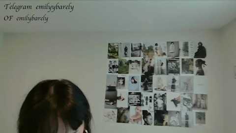 Video of a woman with dark hair, partially visible, in a room with a wall covered in a collage of black-and-white photos. The caption reads, \"Telegram enimblybaredly OF entimabarily.\